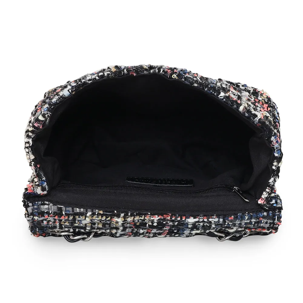 Accessorize London Women's Fabric Black Woven Boucle shoulder Sling Bag