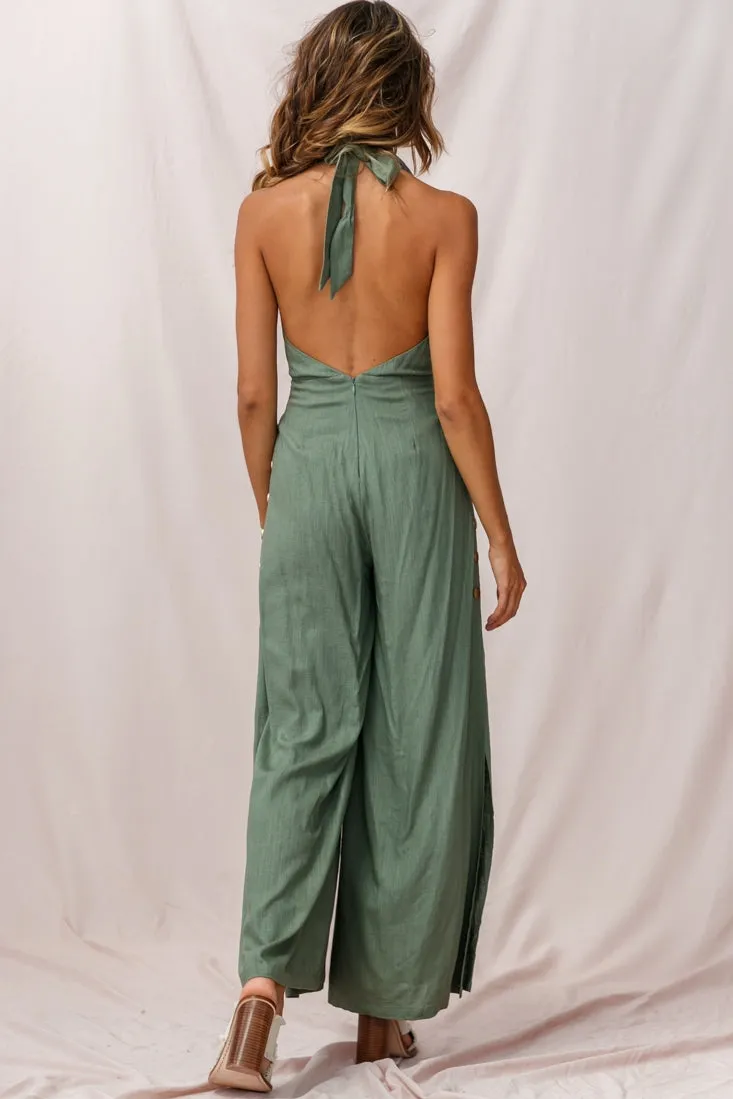 Aruba Wide Leg Halterneck Jumpsuit Khaki