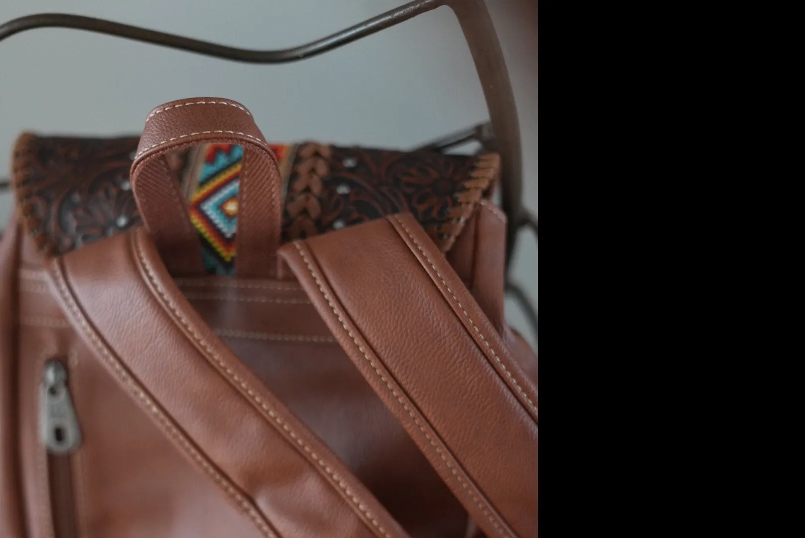 Aztec Inspired Vegan Tooled Leather Backpack in Wildlife Brown