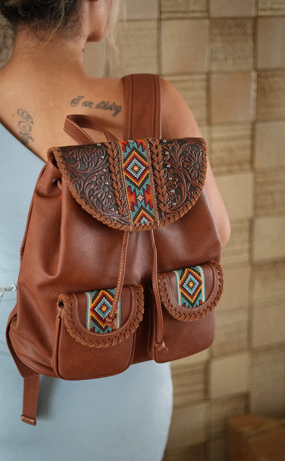 Aztec Inspired Vegan Tooled Leather Backpack in Wildlife Brown