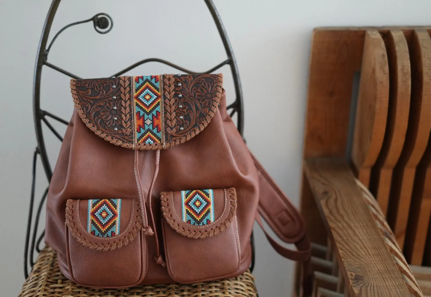 Aztec Inspired Vegan Tooled Leather Backpack in Wildlife Brown