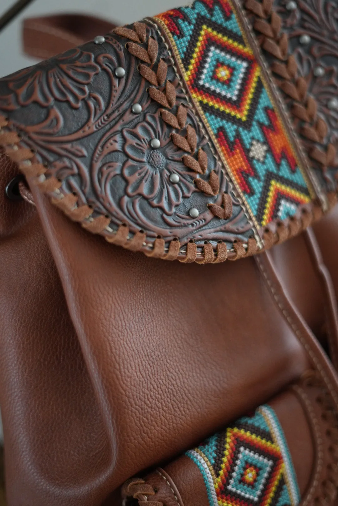 Aztec Inspired Vegan Tooled Leather Backpack in Wildlife Brown