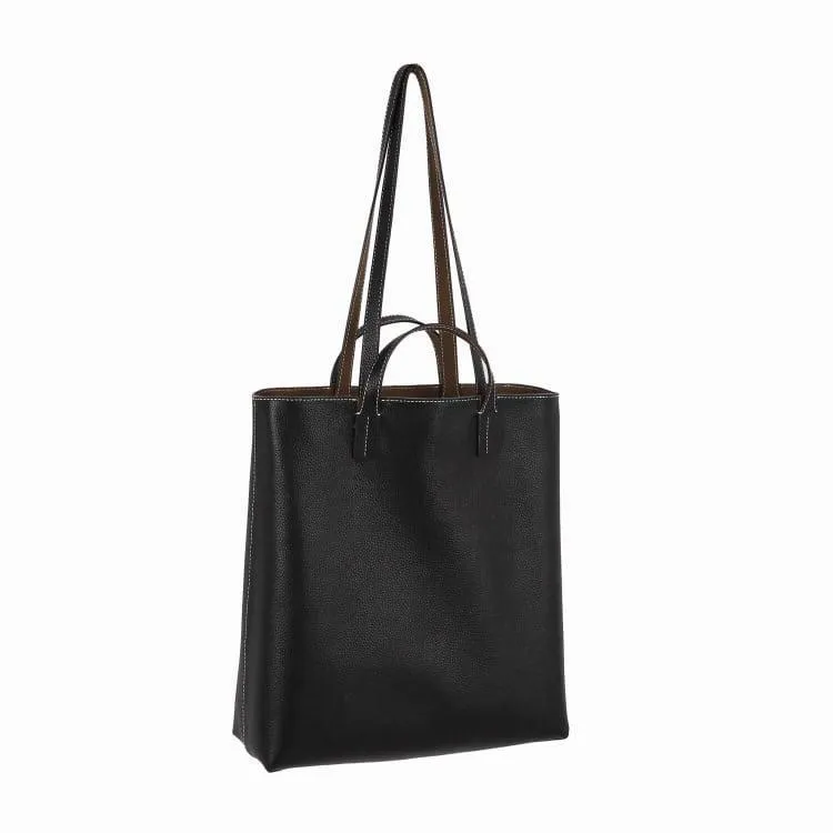 Black & Khaki Double-sided Full Grain Cow Leather Large Capacity Tote Bag | Handbag | Shoulder Bag