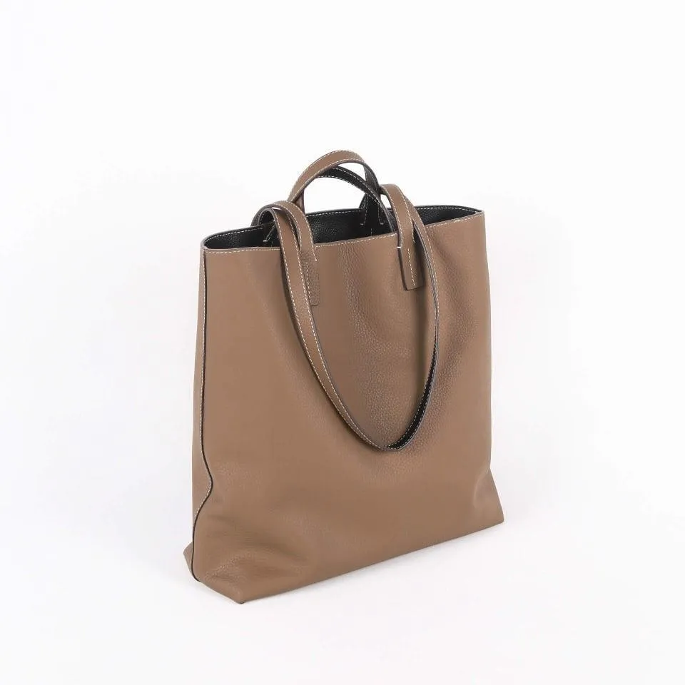 Black & Khaki Double-sided Full Grain Cow Leather Large Capacity Tote Bag | Handbag | Shoulder Bag