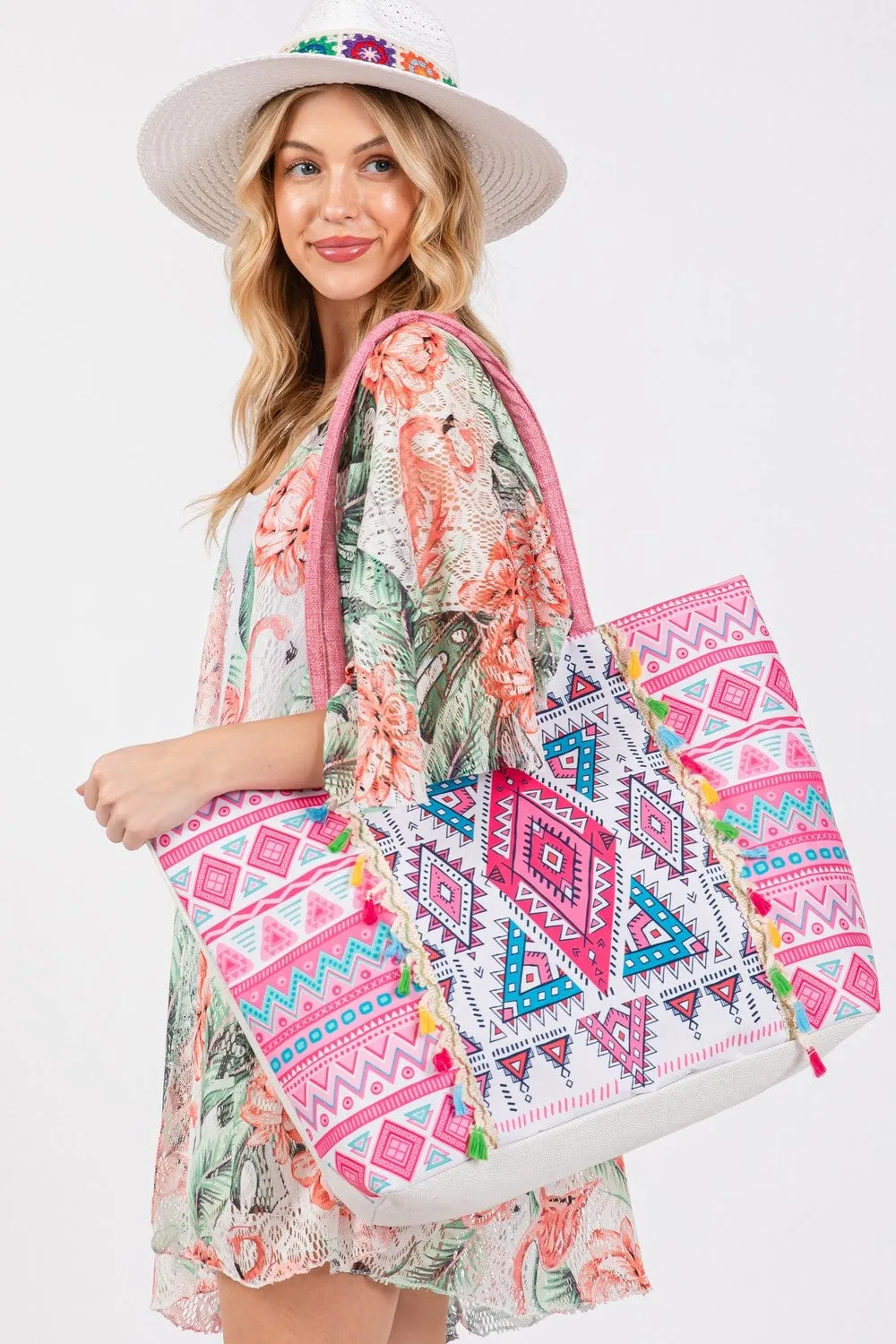 BOHO PRINT FRINGE TOTE BAG