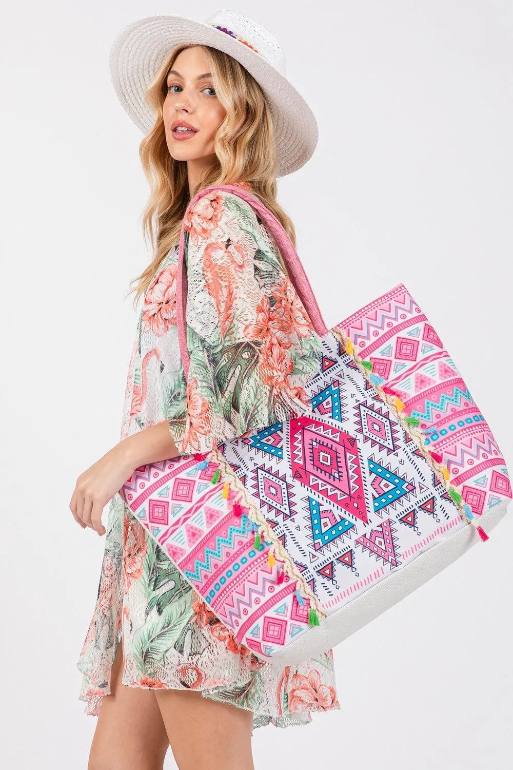 BOHO PRINT FRINGE TOTE BAG