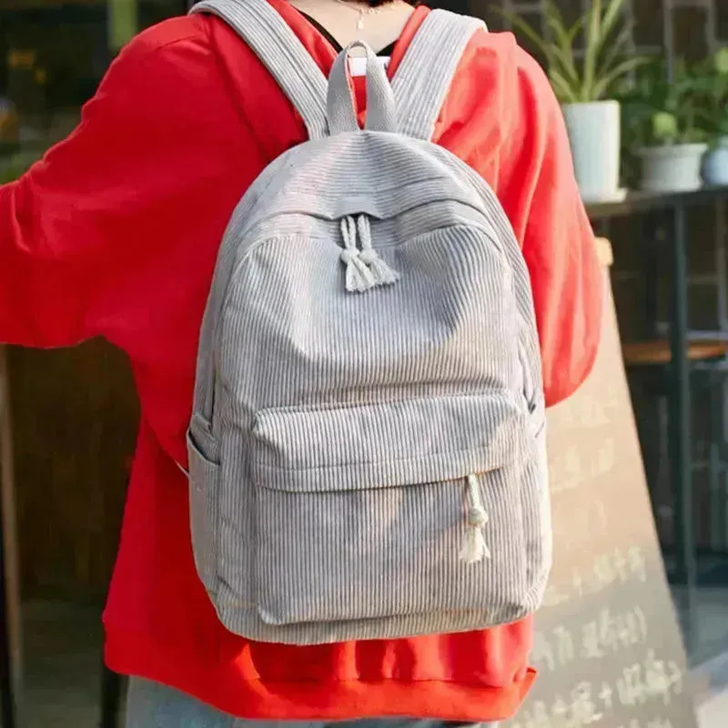 Corduroy Backpack Students Shoulder School Bags Bookbag