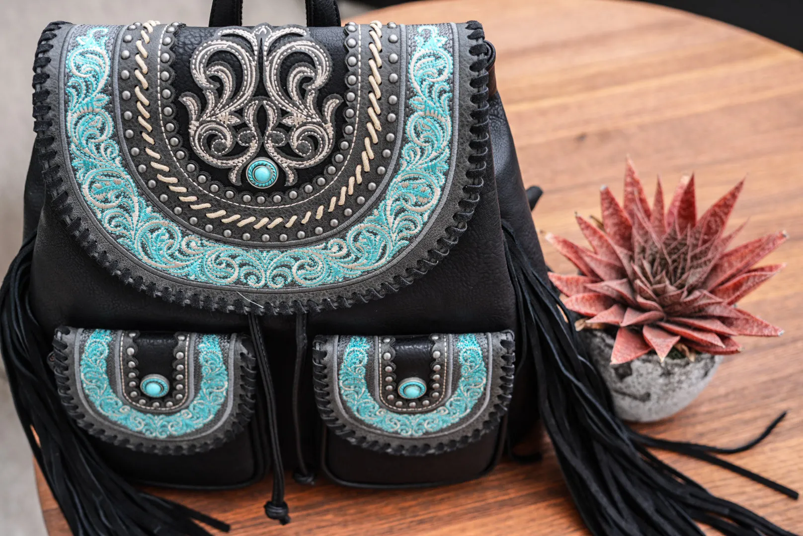 Cowgirl Power Studded Vegan Leather Embroidered Fringe Backpack in Black/Aqua NEW