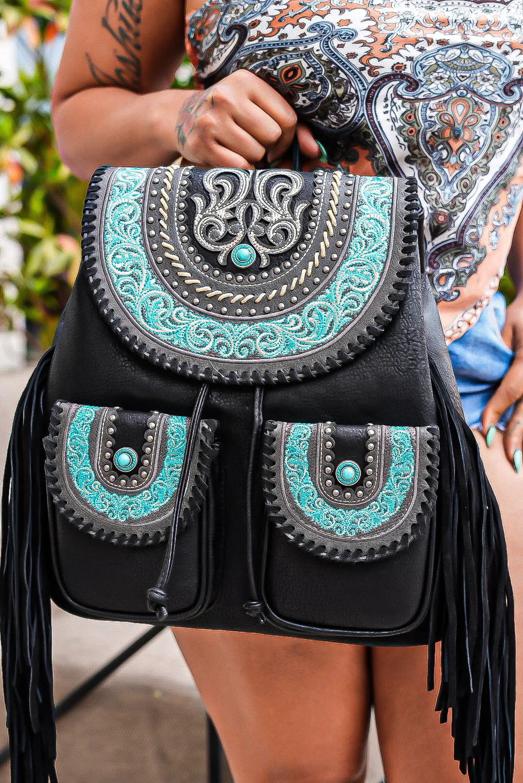 Cowgirl Power Studded Vegan Leather Embroidered Fringe Backpack in Black/Aqua NEW