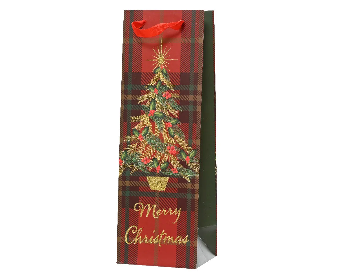 Decoris 36cm Red Check Glitter Xmas Tree Paper Gift Bag