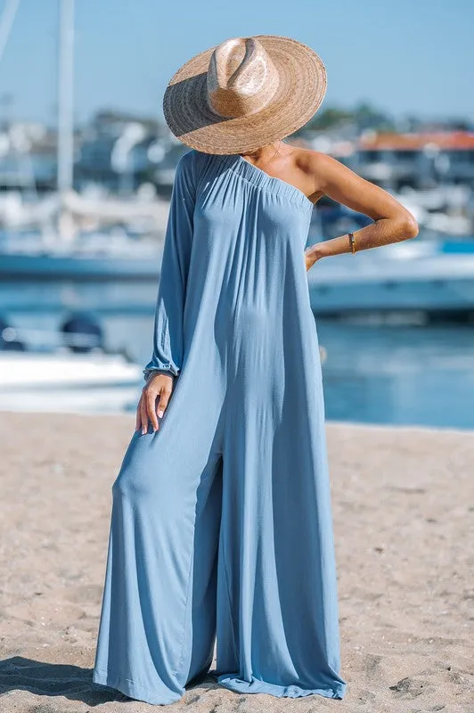 Dusty Blue Laid Back Jersey One Shoulder Jumpsuit