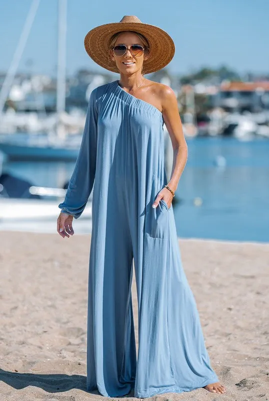 Dusty Blue Laid Back Jersey One Shoulder Jumpsuit