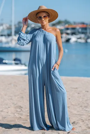 Dusty Blue Laid Back Jersey One Shoulder Jumpsuit