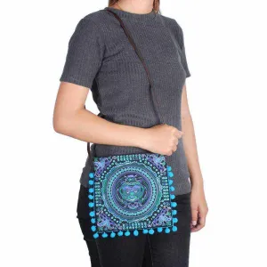 Embroidery Sling Crossbody Bag With Pompoms - Thailand