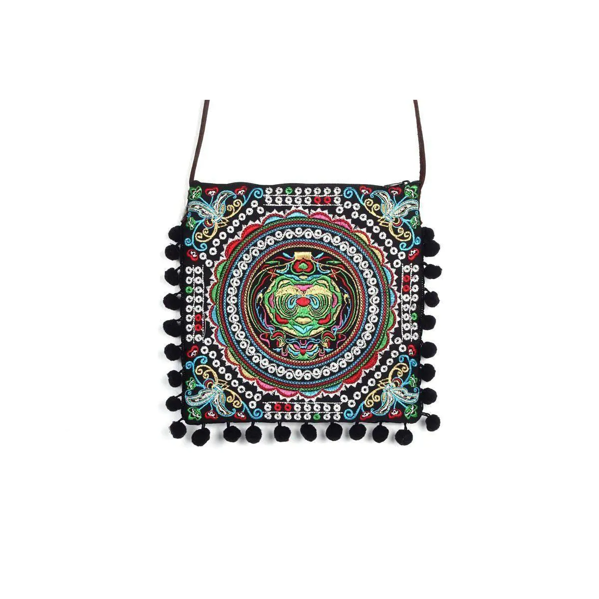 Embroidery Sling Crossbody Bag With Pompoms - Thailand