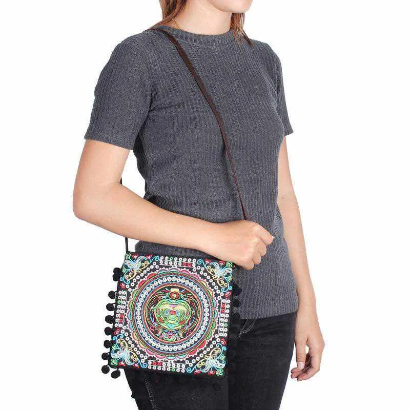 Embroidery Sling Crossbody Bag With Pompoms - Thailand