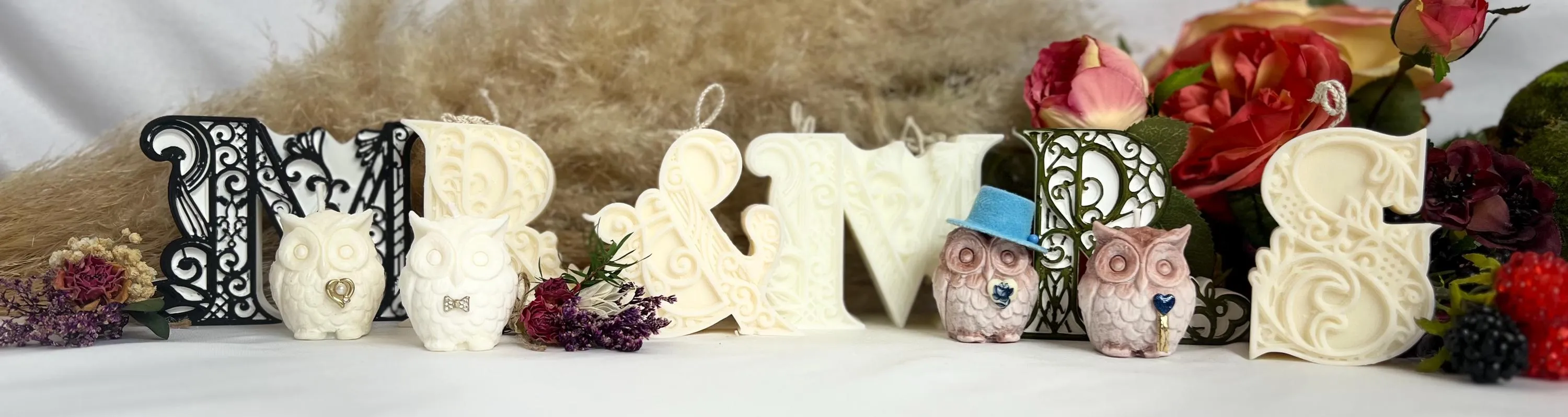 Fancy Mini Owl Candles - Decorative Embellished Owl Candles - Wedding Candle Initials