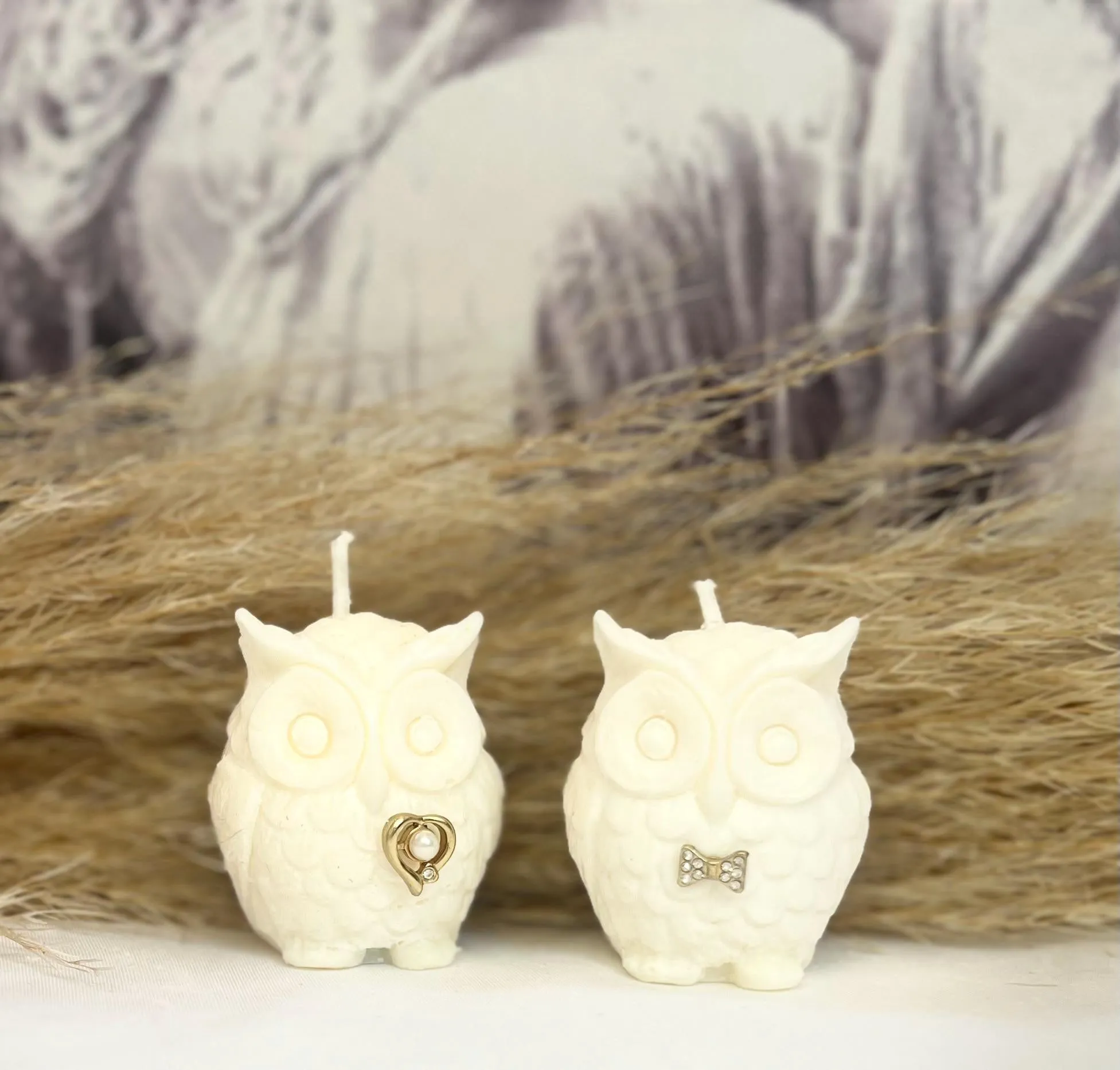 Fancy Mini Owl Candles - Decorative Embellished Owl Candles - Wedding Candle Initials