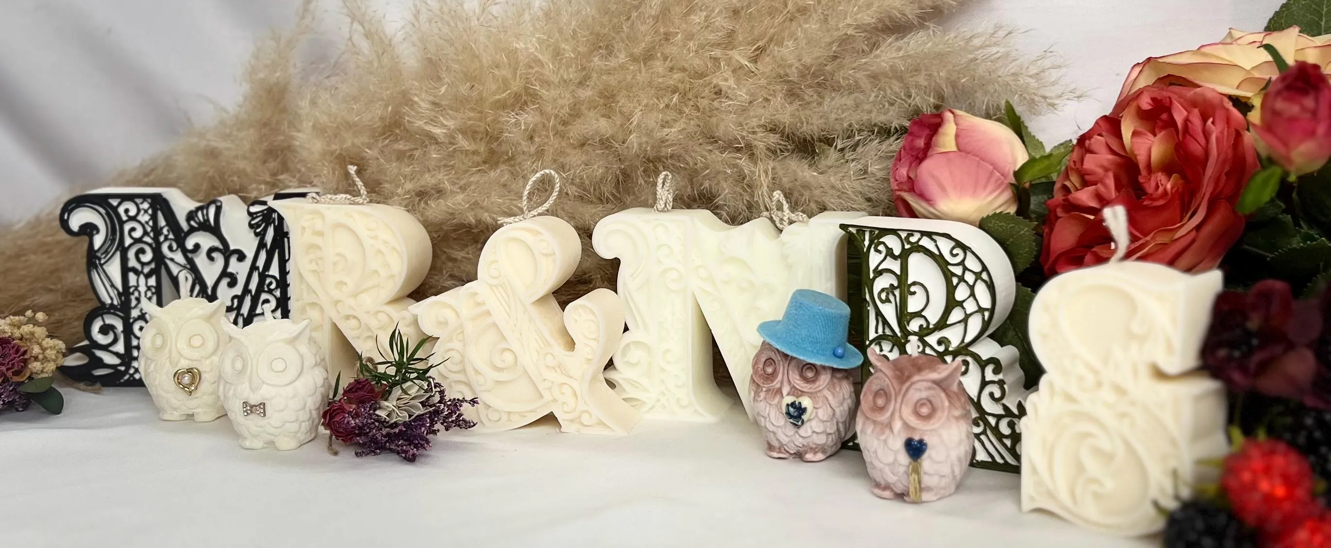 Fancy Mini Owl Candles - Decorative Embellished Owl Candles - Wedding Candle Initials