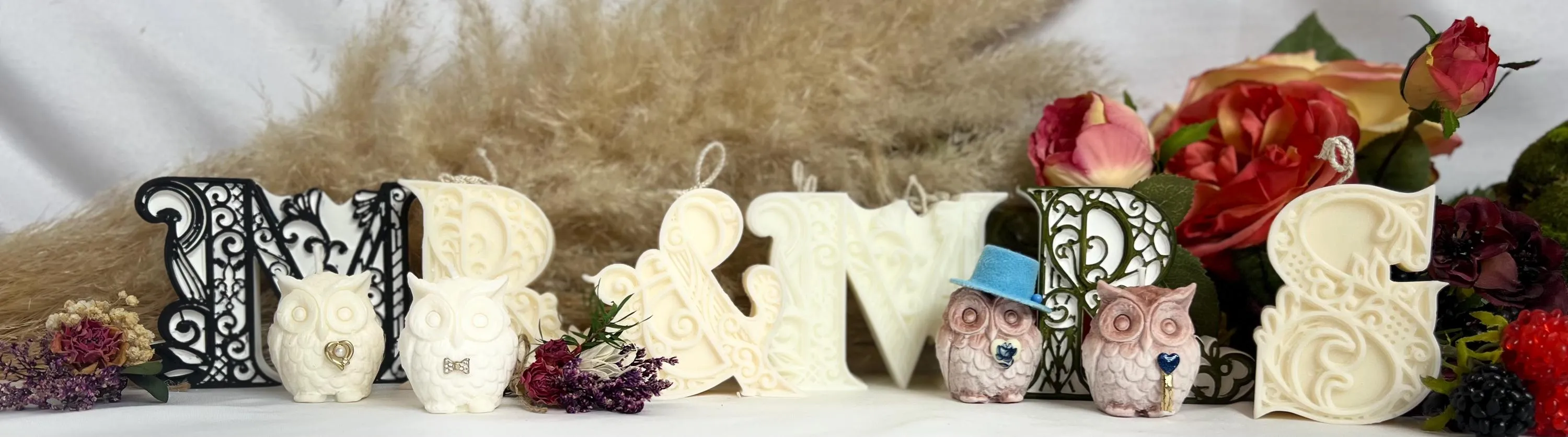 Fancy Mini Owl Candles - Decorative Embellished Owl Candles - Wedding Candle Initials