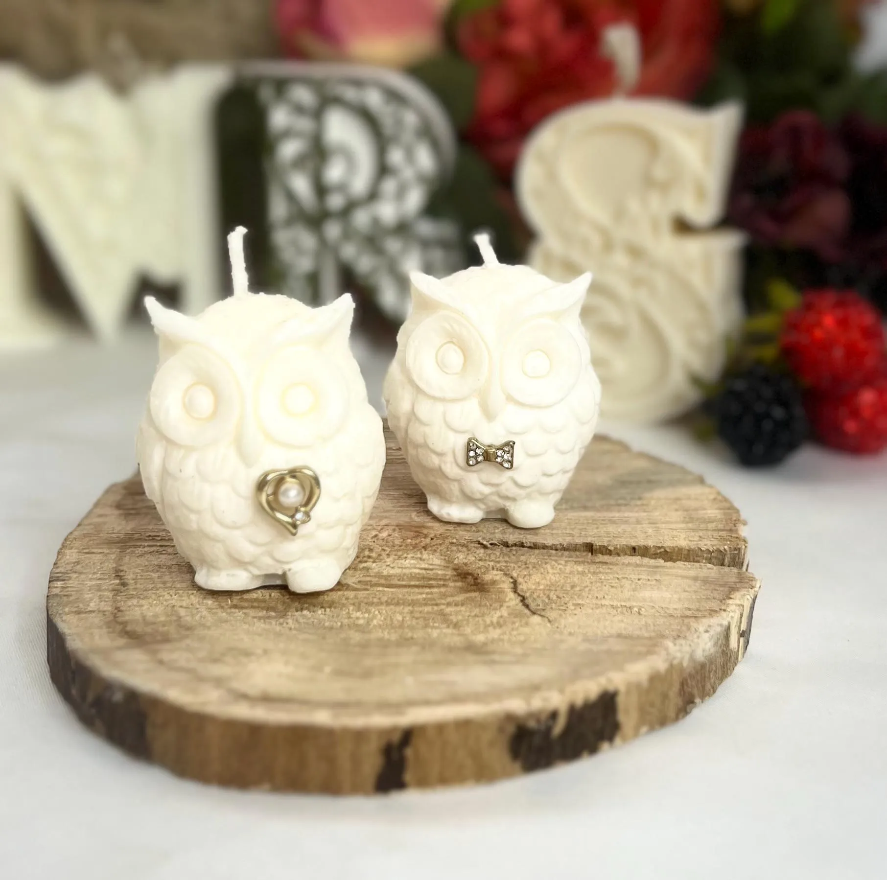 Fancy Mini Owl Candles - Decorative Embellished Owl Candles - Wedding Candle Initials