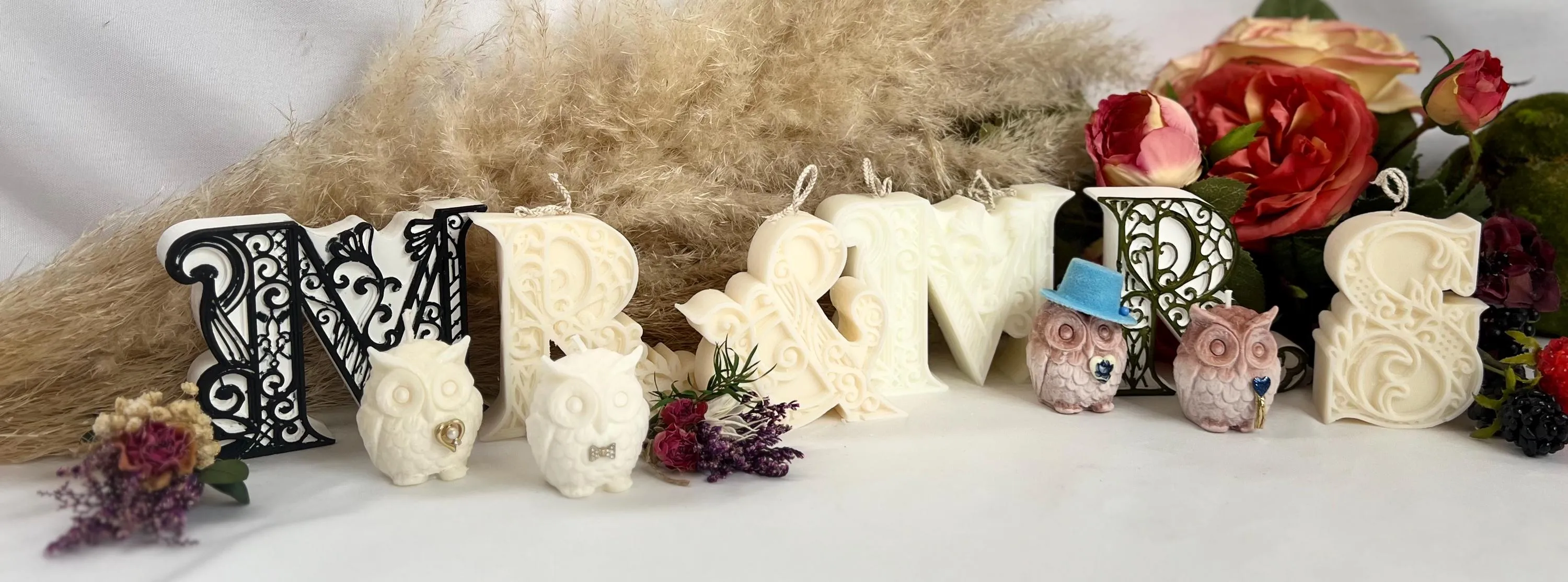 Fancy Mini Owl Candles - Decorative Embellished Owl Candles - Wedding Candle Initials