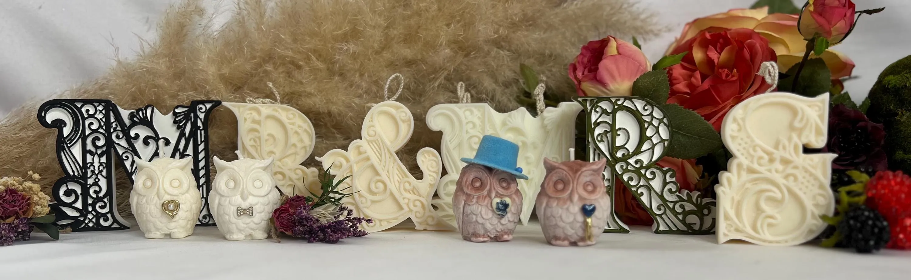 Fancy Mini Owl Candles - Decorative Embellished Owl Candles - Wedding Candle Initials