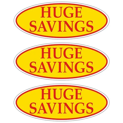 HUGE SAVINGS Red on Yellow Oval Window Sticker for Car Dealerships - 14" x 5-1/2" Size - Premium Weatherproof Vinyl for Long-Lasting Visibility