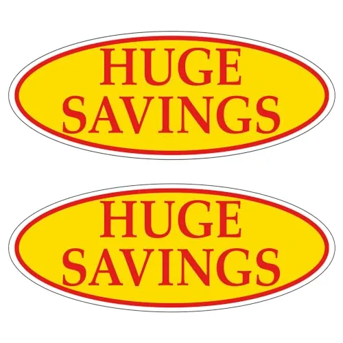 HUGE SAVINGS Red on Yellow Oval Window Sticker for Car Dealerships - 14" x 5-1/2" Size - Premium Weatherproof Vinyl for Long-Lasting Visibility