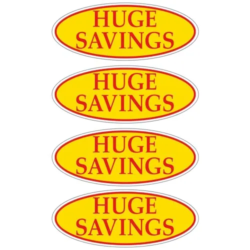 HUGE SAVINGS Red on Yellow Oval Window Sticker for Car Dealerships - 14" x 5-1/2" Size - Premium Weatherproof Vinyl for Long-Lasting Visibility