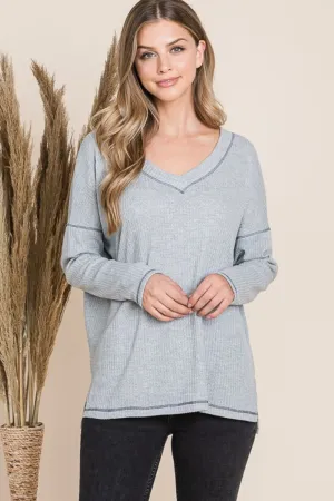 Laid Back Gray V-Neck Long Sleeve Top