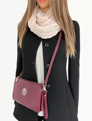 LARGE MULTI-COMPARTMENT CROSS-BODY PURSE BAG WITH WRIST AND LONG STRAPS -  BURGUNDY