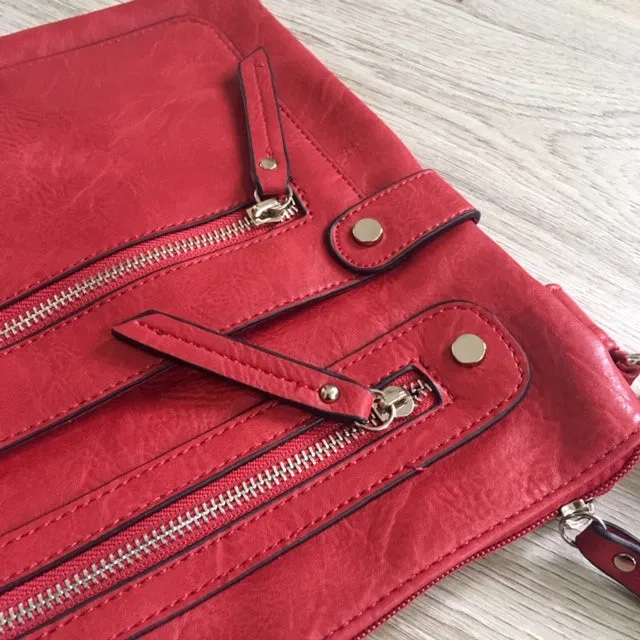 LARGE RED MULTI COMPARTMENT CROSSBODY BAG WITH LONG STRAP