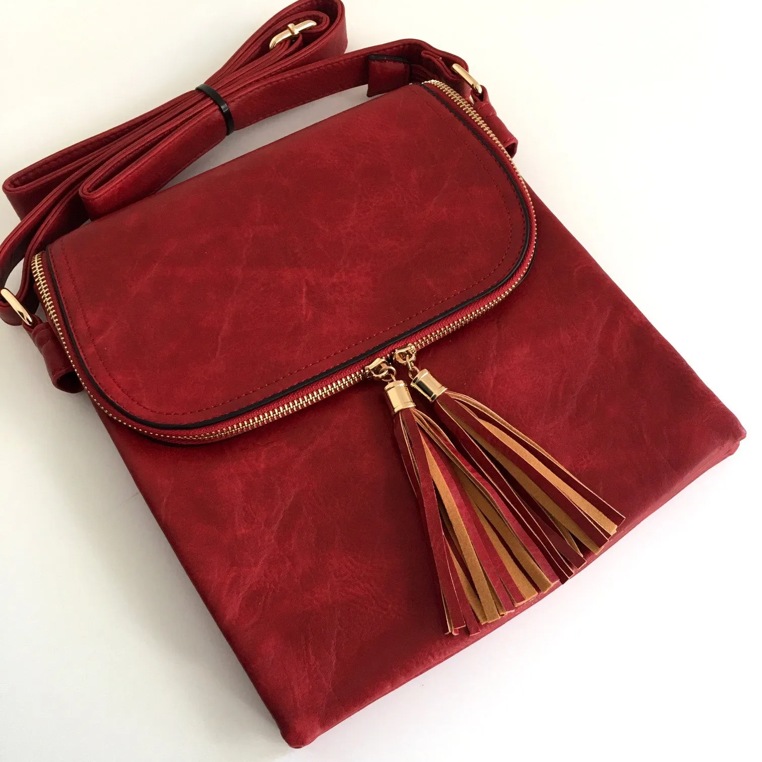 LARGE RED TASSEL MULTI COMPARTMENT CROSS BODY SHOULDER BAG WITH LONG STRAP