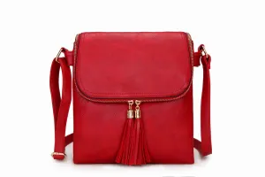 LARGE RED TASSEL MULTI COMPARTMENT CROSS BODY SHOULDER BAG WITH LONG STRAP