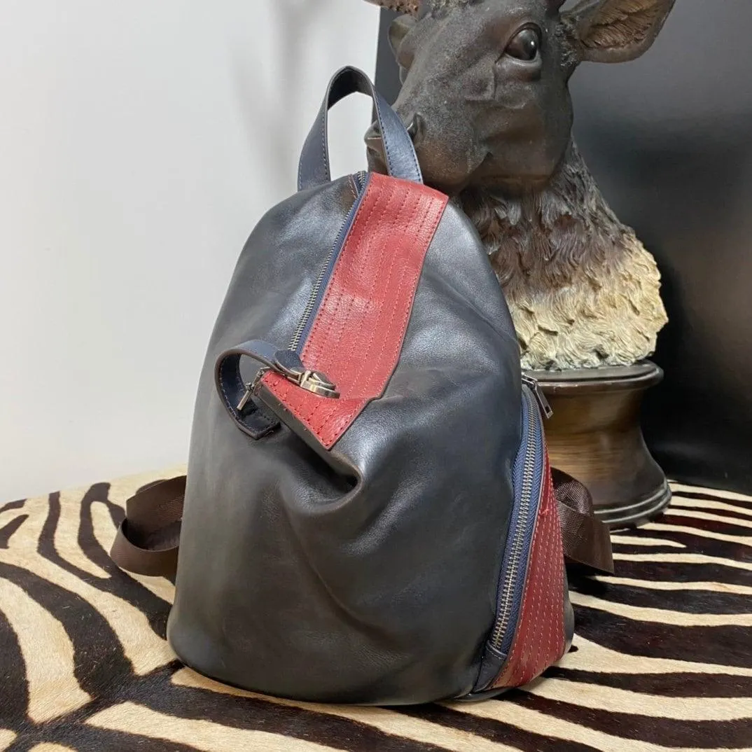 LEATHER BACKPACK Black Red, Handmade Leather Handbag, Bohemian Vintage Bag Women, Mini Leather Backpack Boho, Ethnic Leather Bag