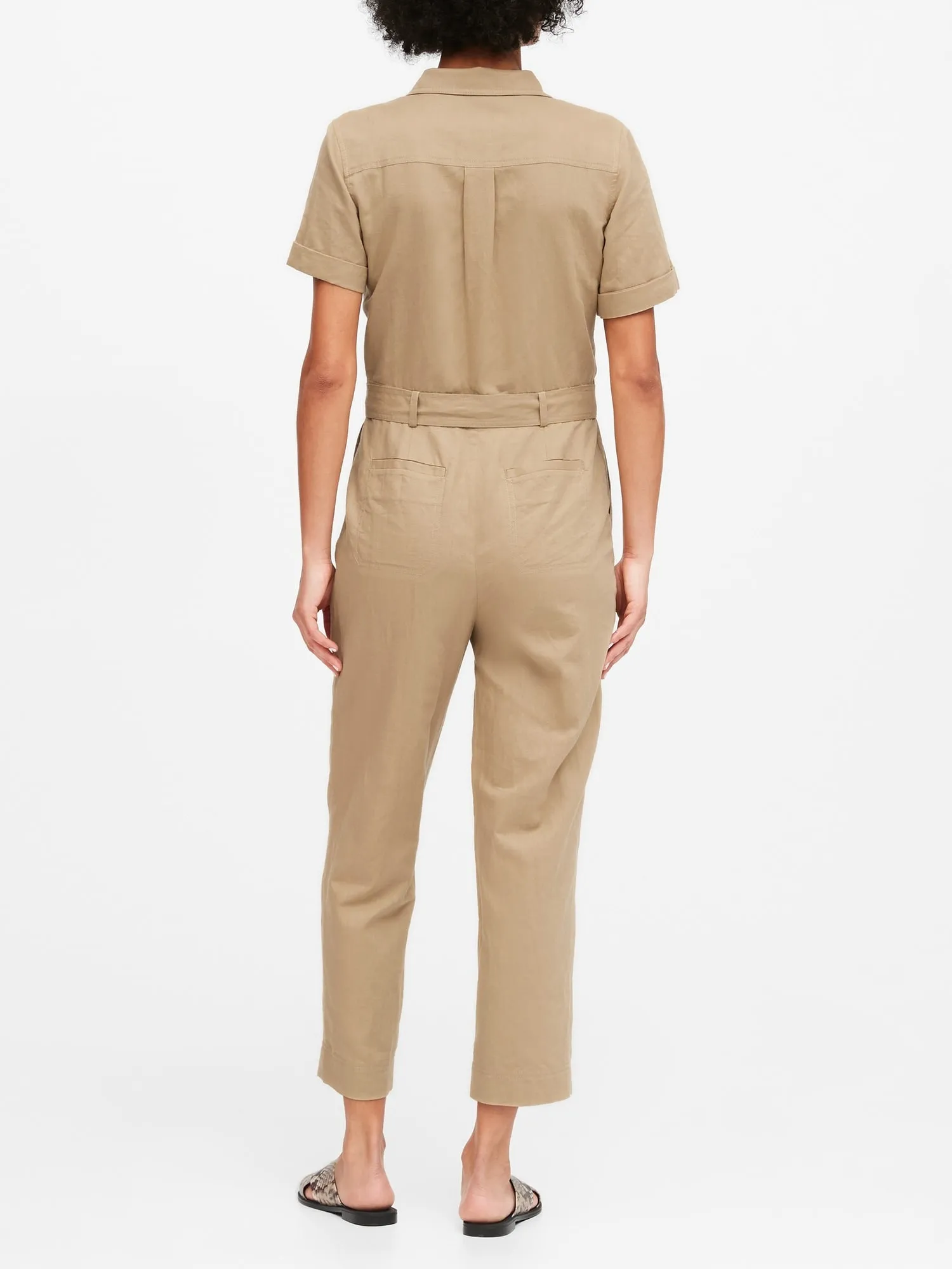 Linen-Cotton Utility Jumpsuit In Sand Khaki