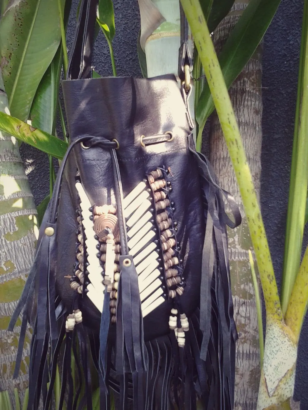 Medium Black Indian leather Handbag, Native American Style  bag. Crossbody bag