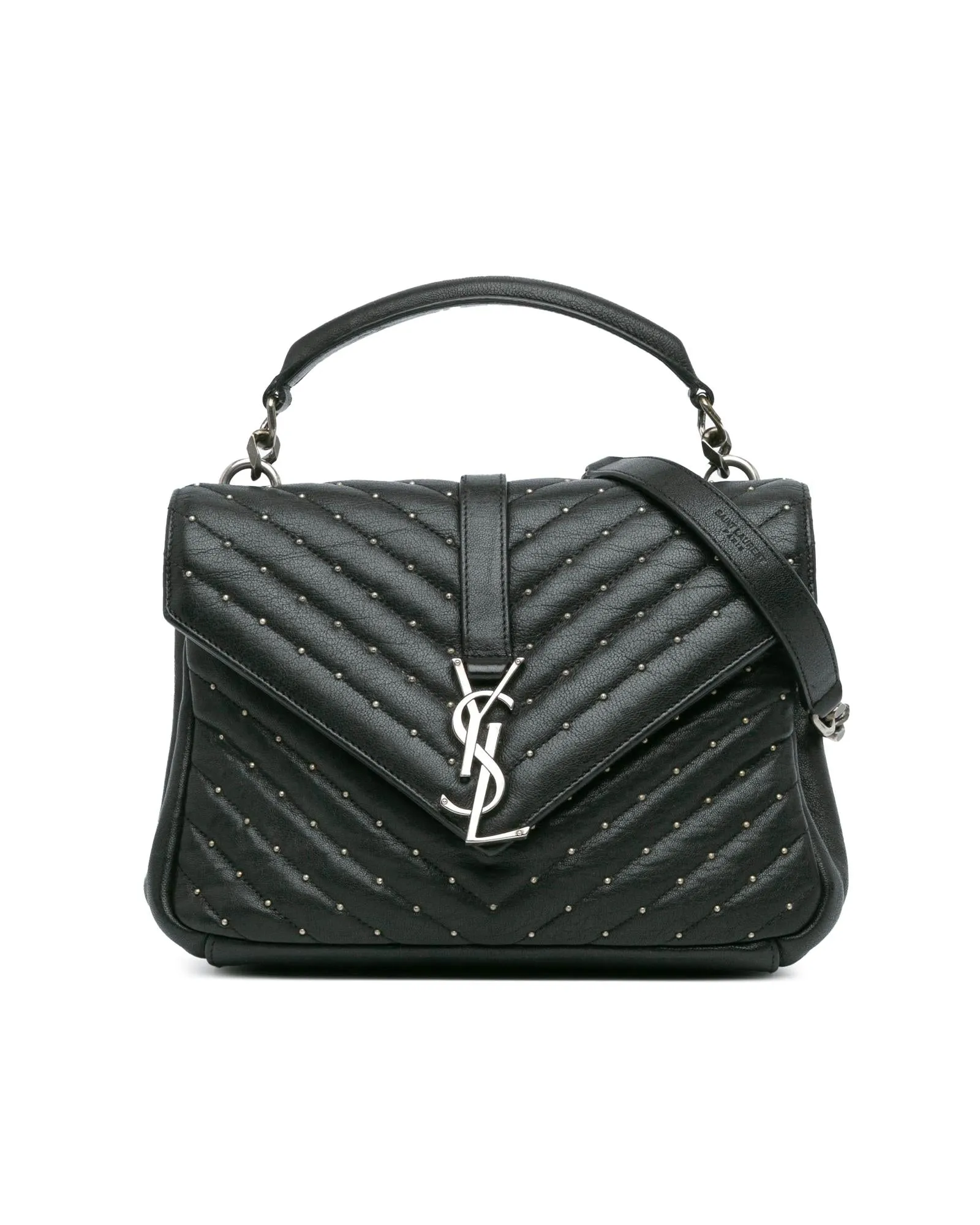 Medium Chevron Studded Sheepskin Monogram Satchel with Chain Strap