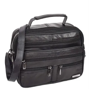 Mens Soft Black Leather Messenger Bag Multi Zip Pockets Top Handle Crossbody Flight Bag A335