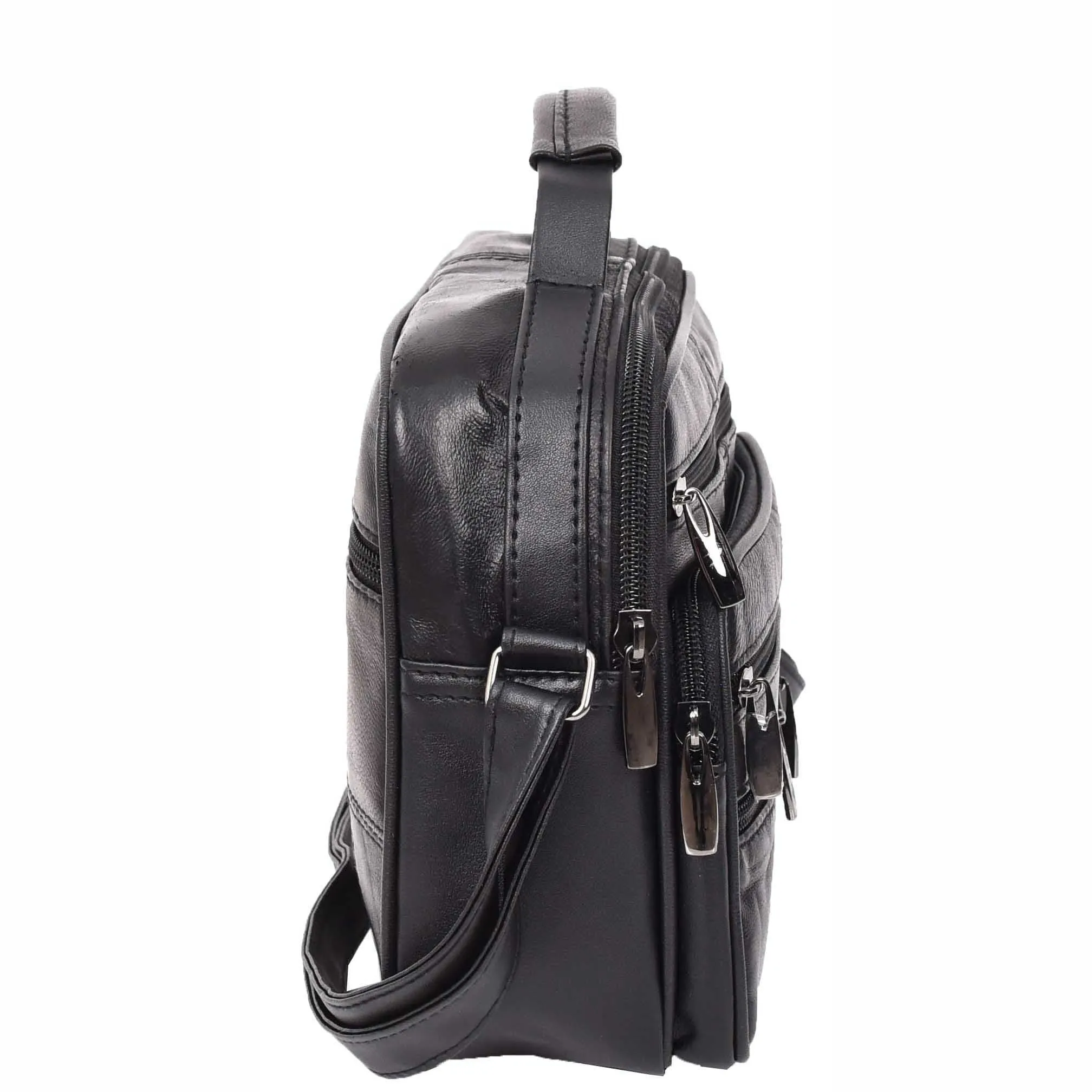 Mens Soft Black Leather Messenger Bag Multi Zip Pockets Top Handle Crossbody Flight Bag A335