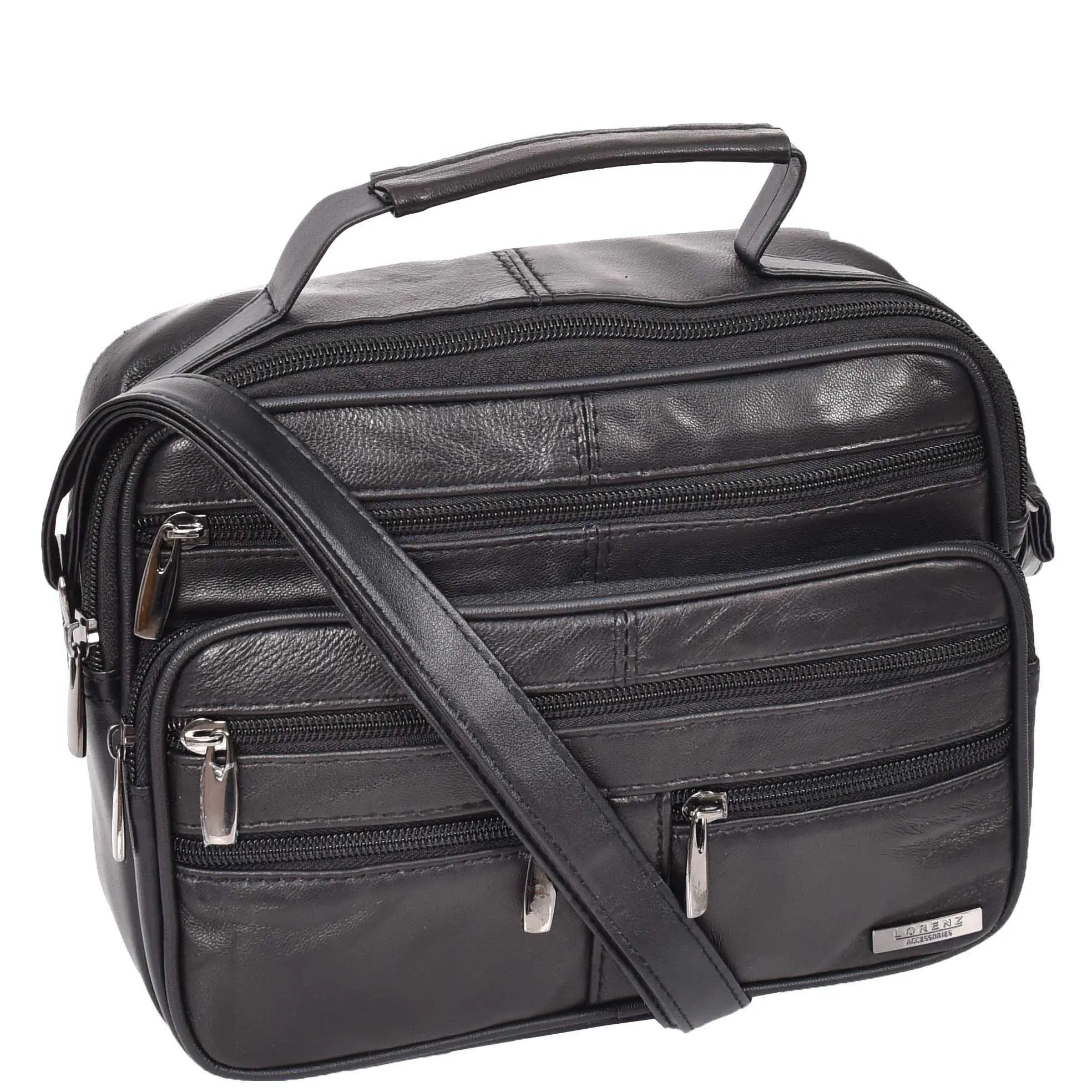 Mens Soft Black Leather Messenger Bag Multi Zip Pockets Top Handle Crossbody Flight Bag A335