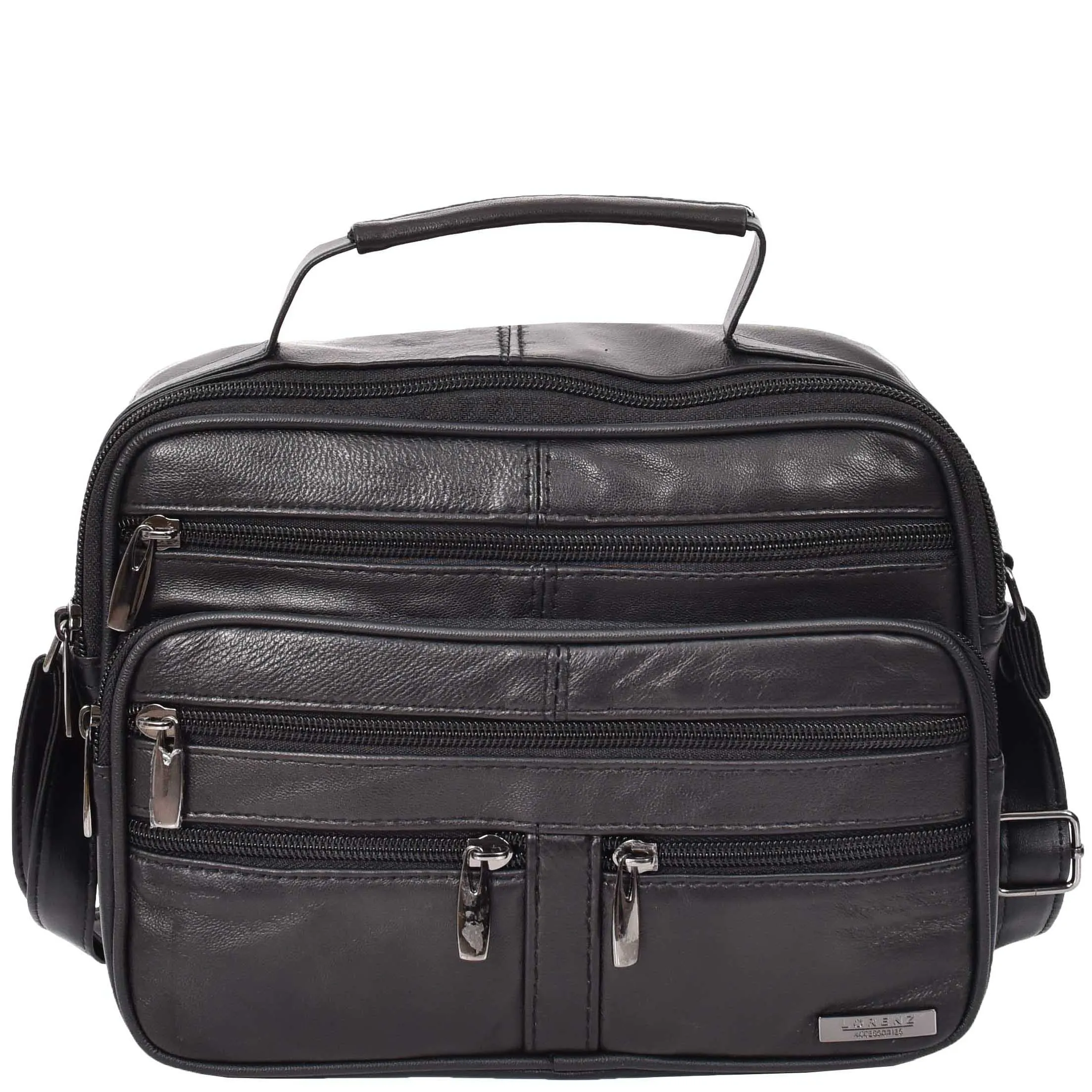 Mens Soft Black Leather Messenger Bag Multi Zip Pockets Top Handle Crossbody Flight Bag A335