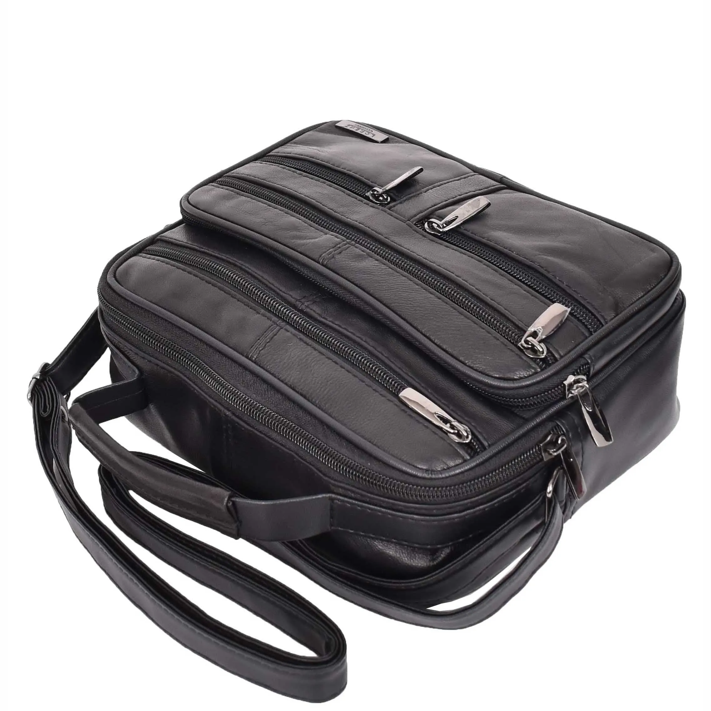 Mens Soft Black Leather Messenger Bag Multi Zip Pockets Top Handle Crossbody Flight Bag A335