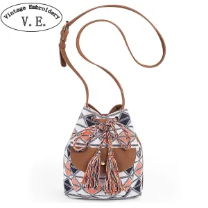 NEW Drawstring Bucket Bag Canvas Boho Stripe Shoulder Bags