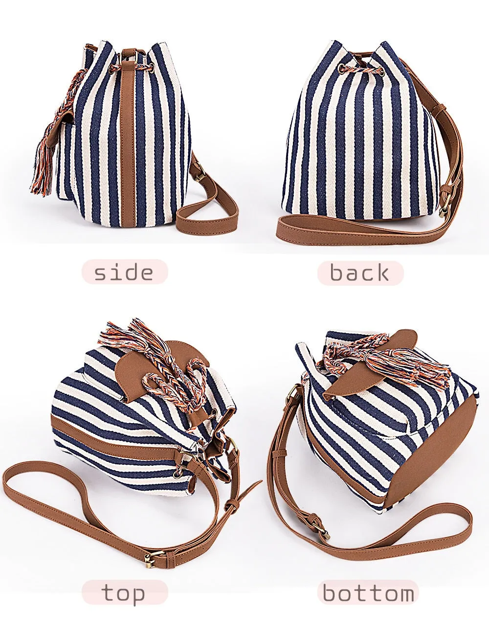 NEW Drawstring Bucket Bag Canvas Boho Stripe Shoulder Bags