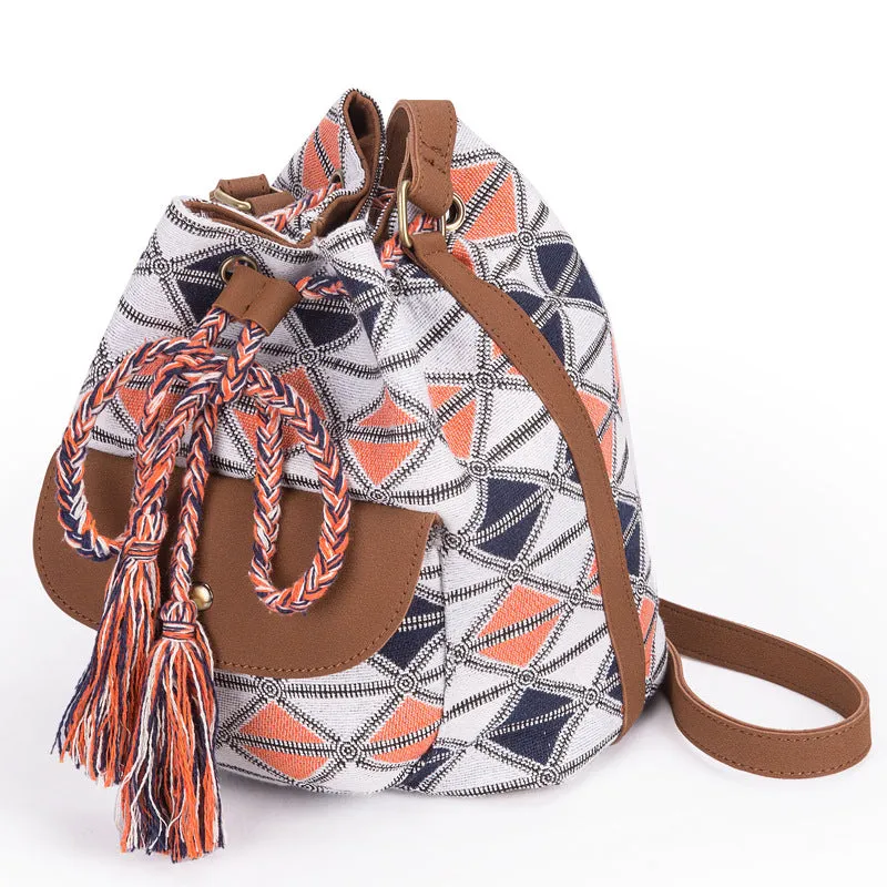 NEW Drawstring Bucket Bag Canvas Boho Stripe Shoulder Bags