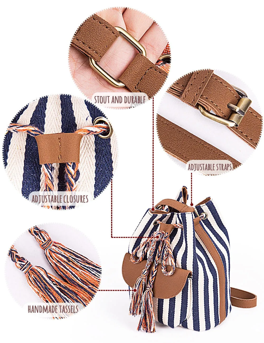 NEW Drawstring Bucket Bag Canvas Boho Stripe Shoulder Bags