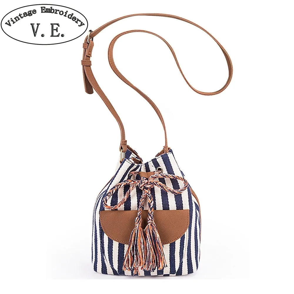 NEW Drawstring Bucket Bag Canvas Boho Stripe Shoulder Bags