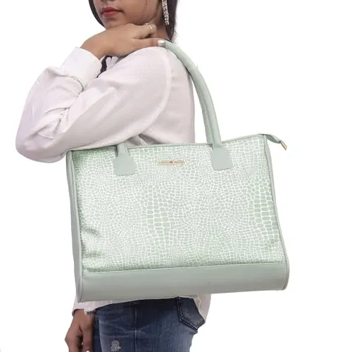 SACCI MUCCI Women's Tote Bag | Tote Bags For Women with Padded Laptop Compartment | Big Shoulder Bag for Office-Alligator Print (Mint Green)